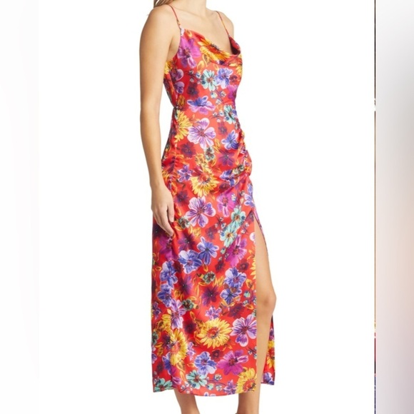 Milly NWT Lilliana Ruched Red Floral-Print Sleeveless Midi Side Slit Dress Sz 8 - Picture 12 of 16